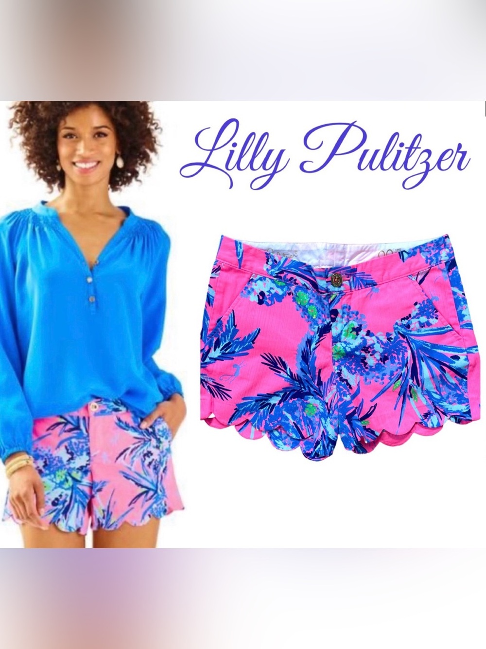 Lilly Pulitzer Vibrant Tiki Pink Out on a Limb Scallop Hem Buttercup Shorts 6